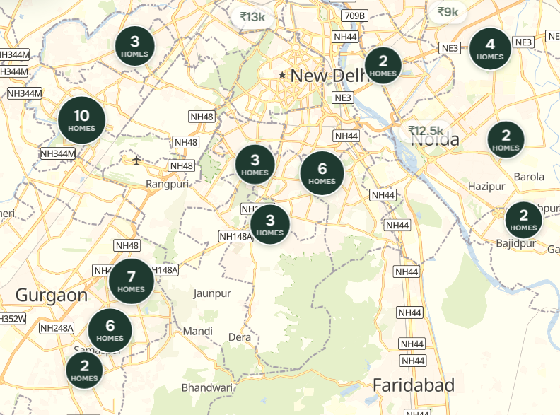 Map of Delhi NCR showing homes for rent by area